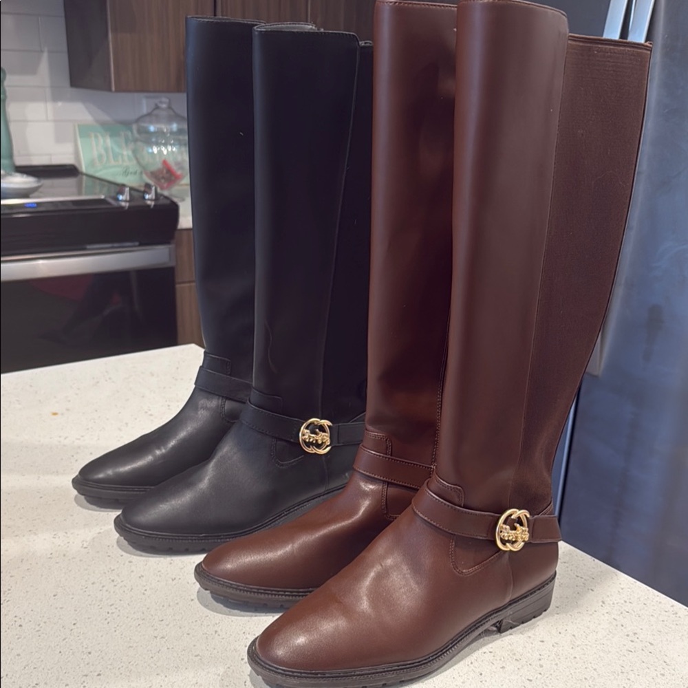 Black and Brown Riding Boots with Gold Buckle